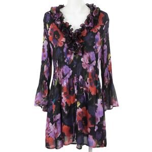Hayley Matthews Dress Women XL Red Purple Black Floral Sheer Ruffle Long Sleeve